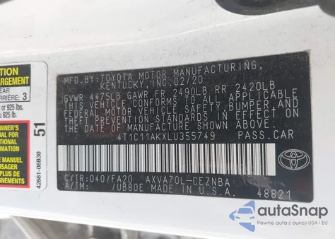 2020 Toyota Camry Le из США, поврежденный, VIN 4T1C11AKXLU355749